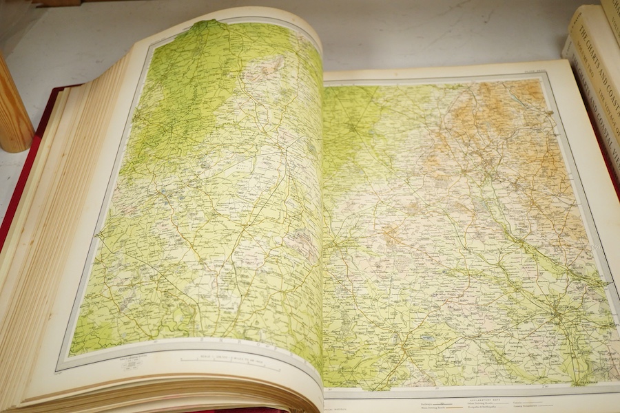 Bartholomew, J.G. - The Survey Atlas of England & Wales ... 84 coloured plates of maps & plans (many d-page); rebound mid 20th century red half morocco and cloth, gilt amorial upper cover, gilt ruled panelled spine, gilt